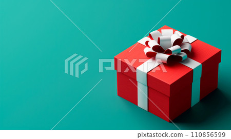 Mystery gift box with ribbon on solid bold background. Isometric view of present or giftbox with bow, 110856599