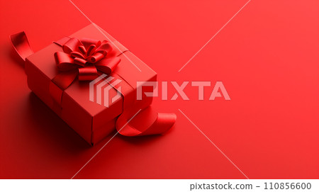 Mystery gift box with ribbon on solid bold background. Isometric view of present or giftbox with bow, 110856600