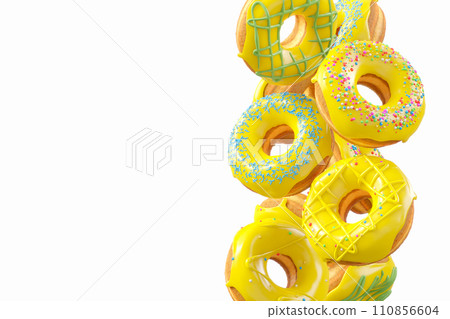 Chocolate glazed donut with sprinkles in motion falling on a white background. Chocolate glazed donut with sprinkles in motion falling on a white background. 110856604
