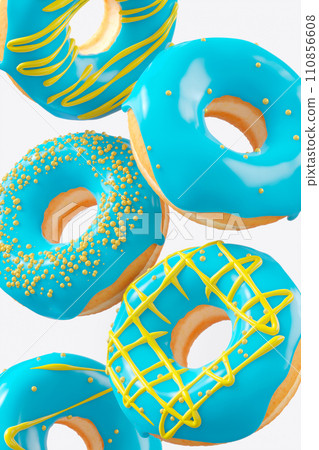 Chocolate glazed donut with sprinkles in motion falling on a white background. 110856608