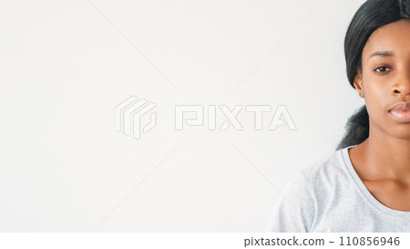 Beauty skincare. Facial health. Cosmetic advertising. Half face portrait of young woman with radiant clean smooth skin isolated on white background empty space. 110856946