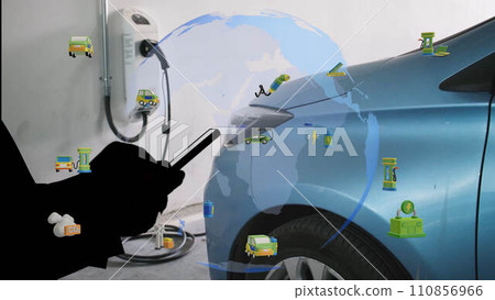 EV charging station for electric car with mobile app display charger status . The electric power is produced from sustainable resources to supply to charger station in order to reduce CO2 emission 110856966