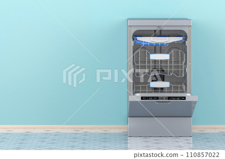 Opened Dishwasher in room near the wall, front view. 3D rendering Opened Dishwasher in room near the wall, front view. 3D rendering 110857022
