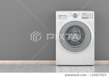 Washing machine in room near the wall, front view. 3D rendering Washing machine in room near the wall, front view. 3D rendering 110857023