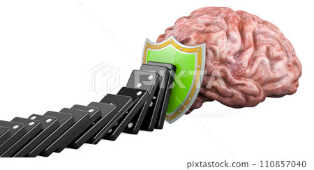 Shield before human brain, stop domino effect. Protect of brain, concept. 3D rendering 110857040
