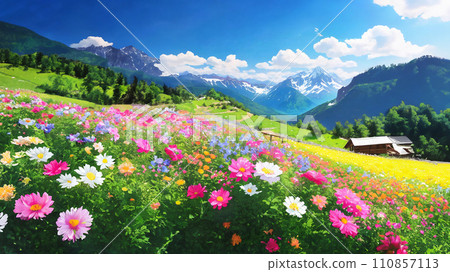 高山花田與藍天的插圖 110857113