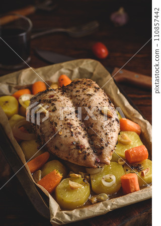 Seasoned chicken breast baked in oven Seasoned chicken breast baked in oven 110857442