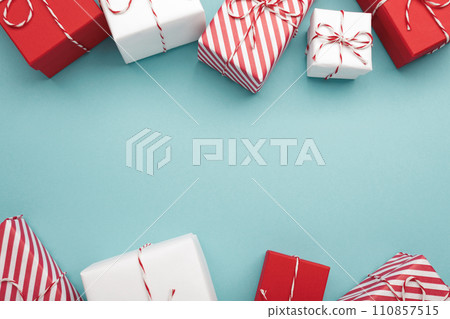 Gift boxes on color background, flat lay, space for text Gift boxes on color background, flat lay, space for text 110857515