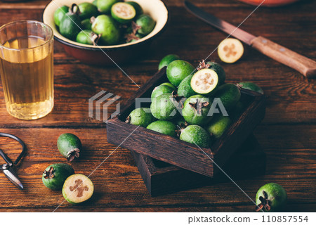 Fresh picked pineapple guavas in a small box 110857554