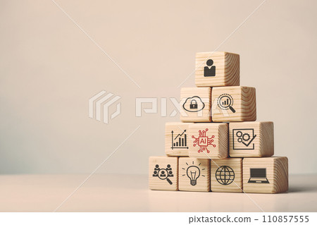 Assembled wooden cubes of the application of artificial intelligence in business Assembled wooden cubes of the application of artificial intelligence in business 110857555