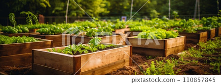 Vegetable garden in the city, wooden beds for growing vegetables, hobbies and recreation, banner Vegetable garden in the city, wooden beds for growing vegetables, hobbies and recreation, banner 110857845