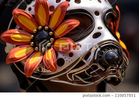 A masquerade with fancy masks and bright flowers close up A masquerade with fancy masks and bright flowers close up 110857851