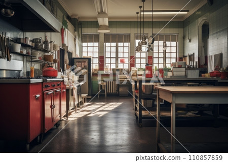 Empty school or university kitchen with large windows and cooking utensils Empty school or university kitchen with large windows and cooking utensils 110857859