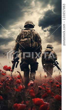 Poppy flowers on a field with soldiers, memorial poppies in memory of fallen soldiers in the war 110857863