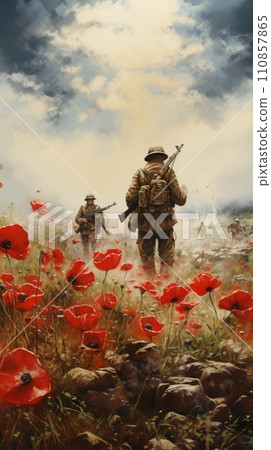Poppy flowers on a field with soldiers, memorial poppies in memory of fallen soldiers in the war 110857865