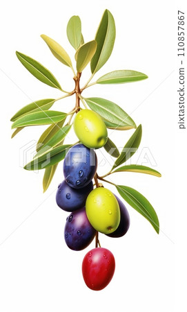Fresh olives with leaves close-up on white background Fresh olives with leaves close-up on white background 110857867