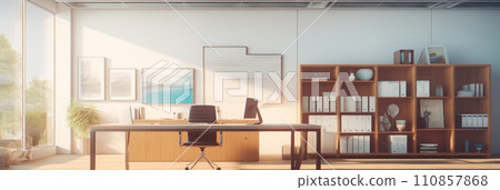 Minimalistic office with desk and shelves Minimalistic office with desk and shelves 110857868