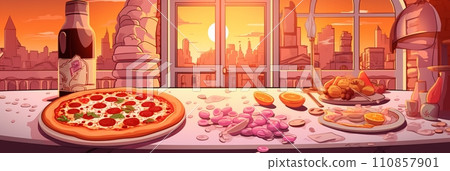 Illustration of a pizzeria with freshly made pizza, delicious fresh pizza on the table, banner Illustration of a pizzeria with freshly made pizza, delicious fresh pizza on the table, banner 110857901