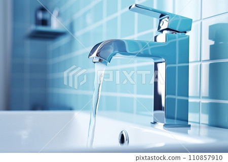 Modern bathroom, chrome water faucet with high water pressure, water flows from the faucet into the wash basin Modern bathroom, chrome water faucet with high water pressure, water flows from the faucet into the wash basin 110857910