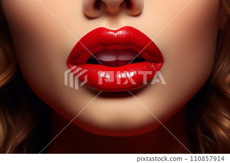 Women's lips close-up with sexy red lipstick Women's lips close-up with sexy red lipstick 110857914