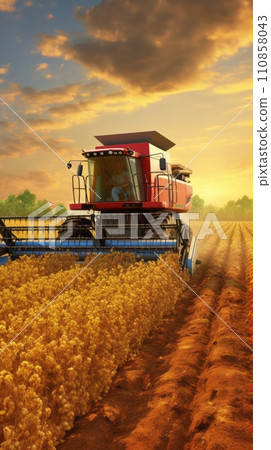 Combine harvester in a soybean field harvesting soybeans at sunset 110858043