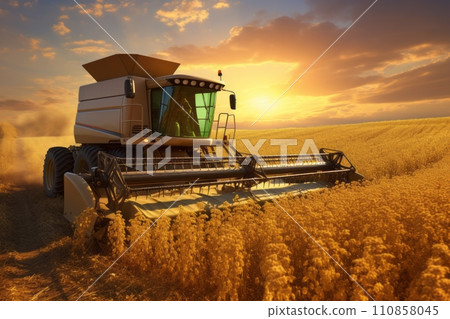 Combine harvester in a soybean field harvesting soybeans at sunset 110858045