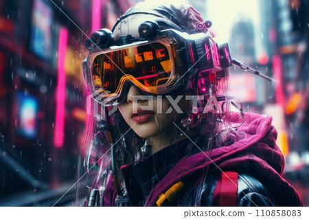 A young girl in cyberpunk style clothing against the background of a brightly glowing neon purple city 110858083