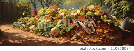 Backyard compost pile at home, organic fertilizer, composting, banner 110858084