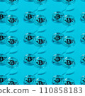 Seamless pattern with transparent round shaped bitcoin logo on blue background. Top view. Perfect for backgrounds, banners, and tiles 110858183