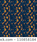 Seamless pattern with bitcoin cryptocurrency represented as gold coins on a dark blue background. Perfect for backgrounds, banners, and tiles 110858184