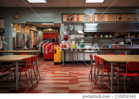 Empty school or university kitchen with large windows and cooking utensils 110858348