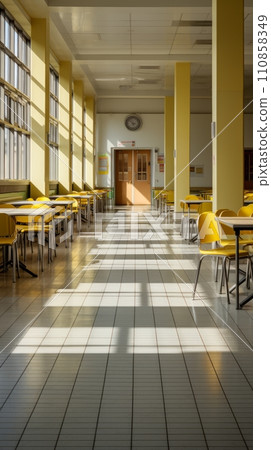 An empty school canteen with large windows and a row of tables and chairs 110858349