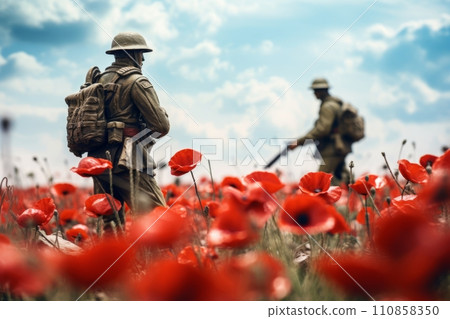 Poppy flowers on a field with soldiers, memorial poppies in memory of fallen soldiers in the war 110858350