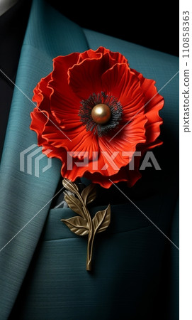 Poppy flower in the buttonhole of a man's jacket, a remembrance poppy in memory of fallen soldiers in the war 110858363