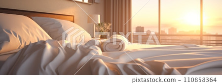An empty crumpled morning bed with light-colored linens at home or in a hotel near the window, breakfast in bed, bright sunny morning, banner 110858364