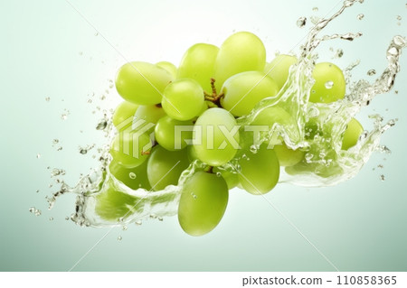 Green grapes in a splash of water and grape juice on a white background 110858365