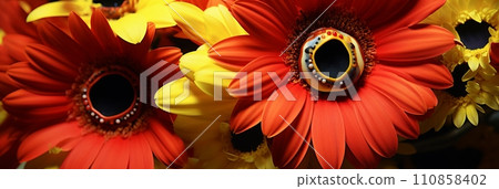A masquerade with fancy masks and bright flowers close up, banner 110858402