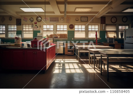 Empty school or university kitchen with large windows and cooking utensils 110858405
