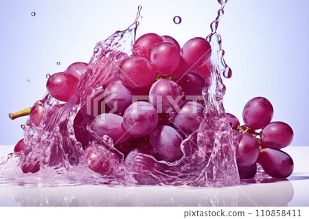 Purple grapes in a splash of water and grape juice on a white background Purple grapes in a splash of water and grape juice on a white background 110858411