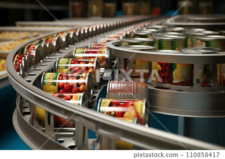 Canned food factory, cans with their contents move on a conveyor belt for labeling and marking Canned food factory, cans with their contents move on a conveyor belt for labeling and marking 110858417