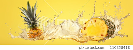 Pineapple slices and pineapple in splashes of water and pineapple juice on yellow background, banner Pineapple slices and pineapple in splashes of water and pineapple juice on yellow background, banner 110858418