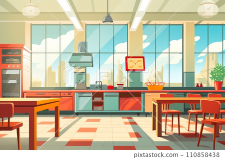 Illustration of an empty school or university kitchen with large windows and cooking utensils 110858438