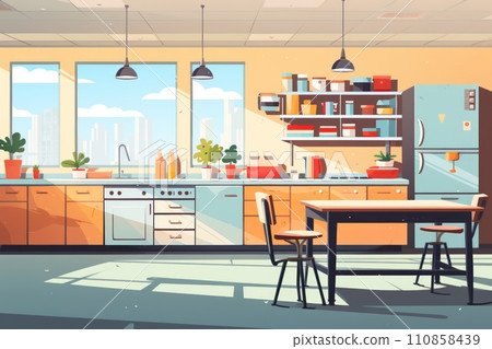 Illustration of an empty school or university kitchen with large windows and cooking utensils Illustration of an empty school or university kitchen with large windows and cooking utensils 110858439