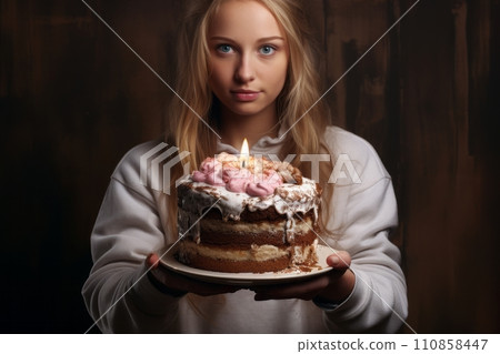 Girl holding a delicious sweet cake on a plate in front of her, homemade cake Girl holding a delicious sweet cake on a plate in front of her, homemade cake 110858447