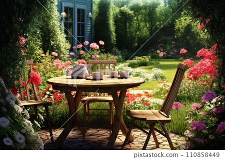 Table with chairs in the summer garden of a country house, summer vacation, flower bushes and green lawn 110858449