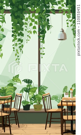 Illustration of a modern cafe or restaurant with a living wall of greenery, biophilic design, vertical gardening, eco friendly green nature design landscape in building 110858451
