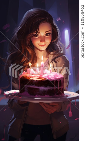 Illustration of a girl holding a delicious sweet cake in front of her, homemade cake 110858452