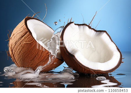 Coconut in a splash of water and coconut juice on a blue background 110858453