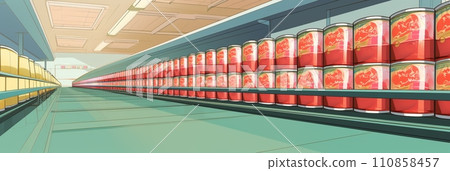 Illustration of a canning factory, cans with contents moving along a conveyor belt for labeling and marking, banner Illustration of a canning factory, cans with contents moving along a conveyor belt for labeling and marking, banner 110858457
