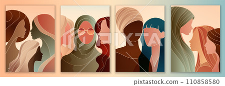 Close-up group silhouette of multicultural women. International women's day. Diversity - inclusion - equality or empowerment. Anti racism or stop discrimination. Template - poster - cover Close-up group silhouette of multicultural women. International women's day. Diversity - inclusion - equality or empowerment. Anti racism or stop discrimination. Template - poster - cover 110858580